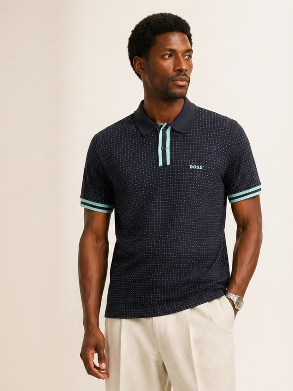 BOSS Paddy 5 Polka Dot Stretch Cotton Polo Navy Mint Size S